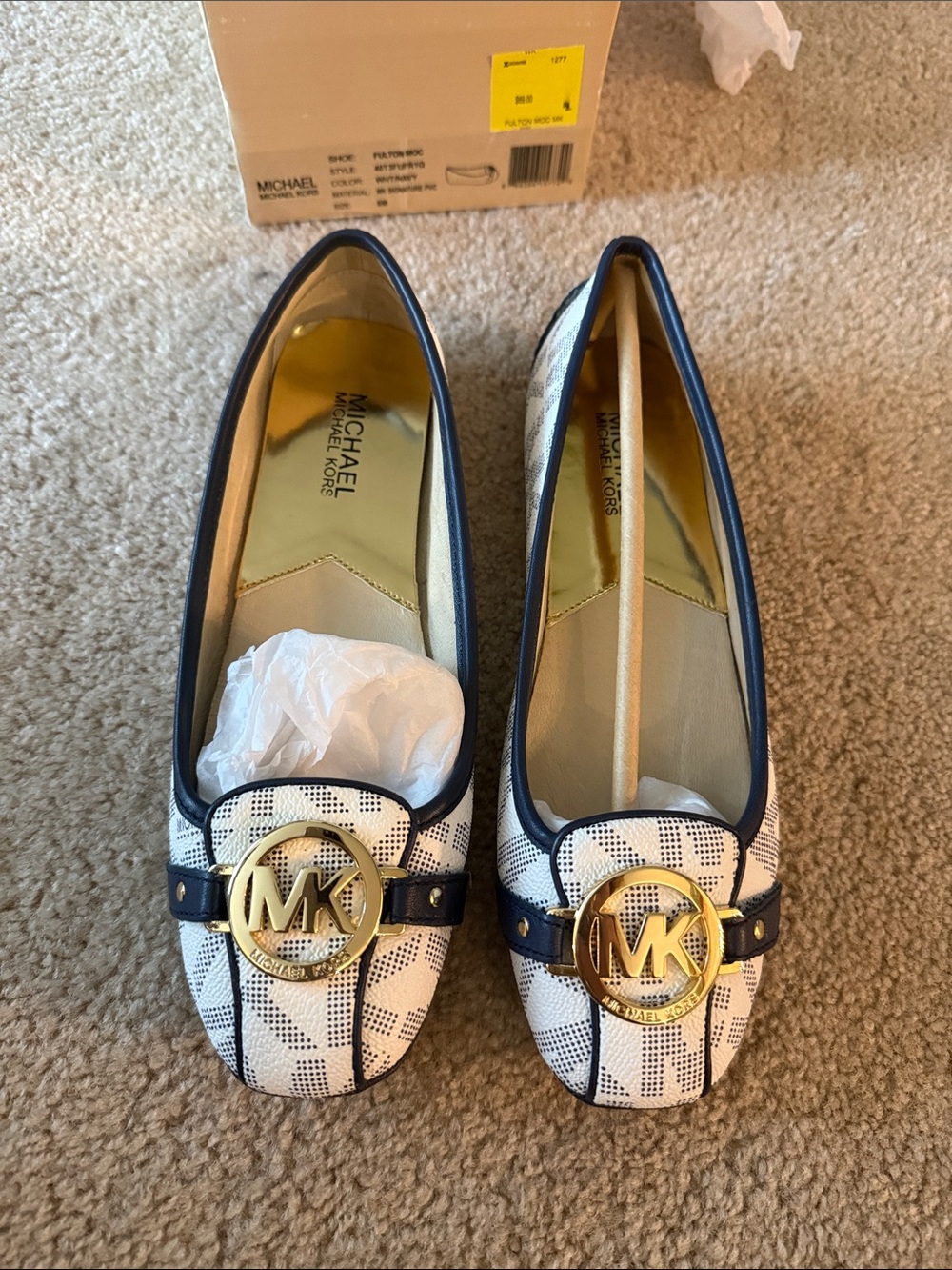 Michael Kors White Navy Logo-Print MK Ballet Flats with Gold Emblem